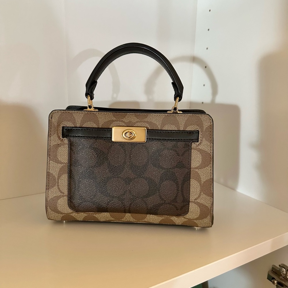 Coach Brown and Tan Satchel with Gold-Toned Clasp